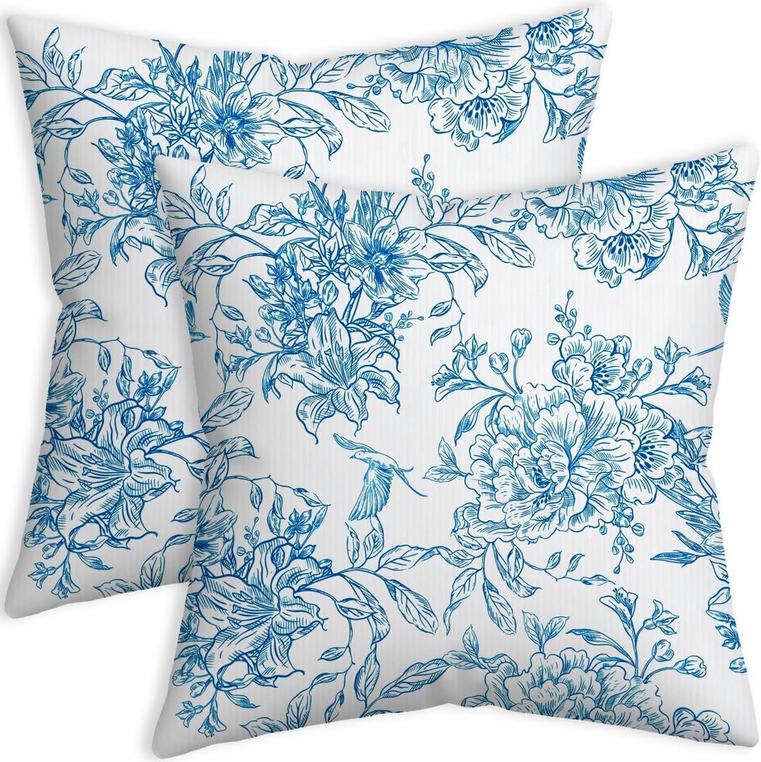 Blue and White Porcelain Floral Bird Pillow Covers 18x18, Flower Floral Chinoiserie Couch Pillow Case Set of 2, Modern Decorative Square Throw Pillows for Living Room