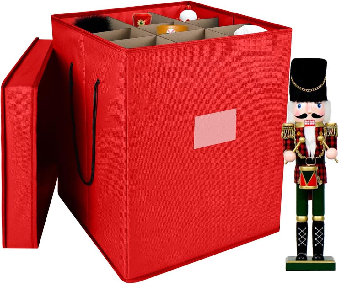 Christmas Nutcracker and Figurine Collectible Storage Box, Fits 9 Holiday Ornaments, Stores Up to 16" Tall Ornaments, Holiday Decor Organizer with Dividers, Nutcracker not Included(Red)