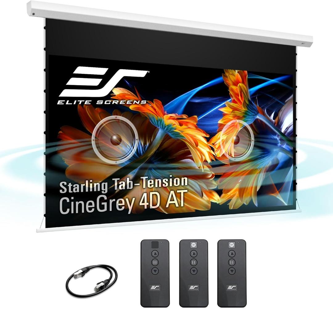 Elite Screens 110-Inch Motorized Projector Screen 16:9, CineGrey 4D at CLR/ALR, Acoustically Transparent, ISF Certified, Tab-Tensioned Electric Drop Down for Home Theater, STT110XHD4AT-E12