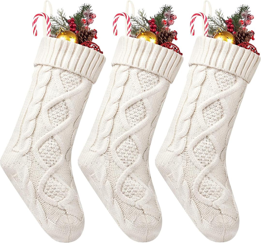 Fesciory 3 Pack Christmas Stockings 18 Inches Large Size Cable Knitted Stocking Gifts & Decorations for Family Holiday Xmas Party, Ivory White 18in