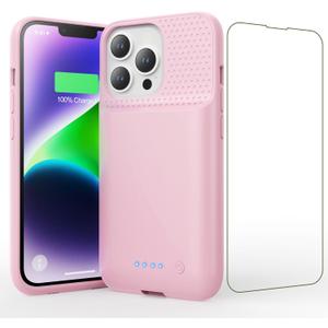 Battery Case for iPhone 13/13Pro/14 (6.1 Inch),Real 7500mAh Battery Charging Case Portable Rechargeable Protective Extended Additional Charger Case for iPhone 13/13pro/14,Pink