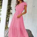 PRETTYGARDEN Women's Summer Floral Boho Dress Wrap V Neck Short Sleeve Ruffle A-Line Flowy Maxi Wedding Guest Dresses (Solid Rose Pink,Medium)