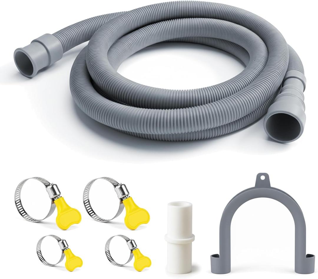Universal 6.5 FT Flexible Corrugated Washing Machine Drain Hose Extension - Replacement for Dishwasher and Washer, with 4 Clamps, 1 Adapter and 1 U-Bracket