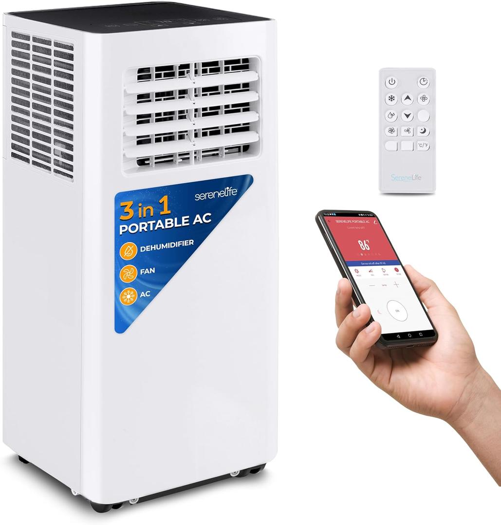 SereneLife Small Air Conditioner Portable 8,000 BTU with Built-in Dehumidifier - Portable AC unit for rooms up to 350 sq ft - WiFi app + Remote Control, Window Mount Exhaust Kit (White)