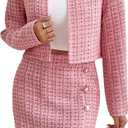 Floerns Women's 2 Piece Outfits Plaid Tweed Blazer Long Sleeve Jacket and Skirt Set M