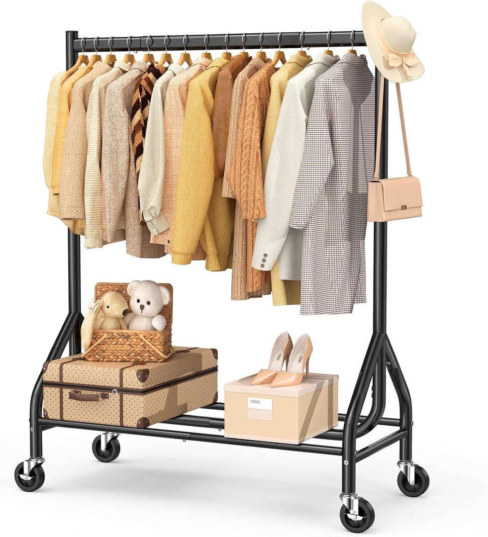 EAGMAK Heavy Duty Clothes Rack Load 420 LBS, Rolling Garment Rack with Lockable Wheels, Standing Metal Clothing Rack with Shelves, Portable Wardrobe Sturdy Coat Rack for Hanging Clothes (Black)