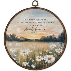cvjutf Christian Daisy Flower Wall Art Decor Framed, Bible Isaiah 40:8 Wildflower Round Wall Decor, Daisy Religious Canvas Prints Art for Bathroom Bedroom Living Room, 10x10 Inch