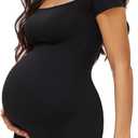 Maternity Romper with Square Neck and Short Sleeve Bodysuit, Photoshoot Casual Workout Maternity-Clothes (Black, XL)