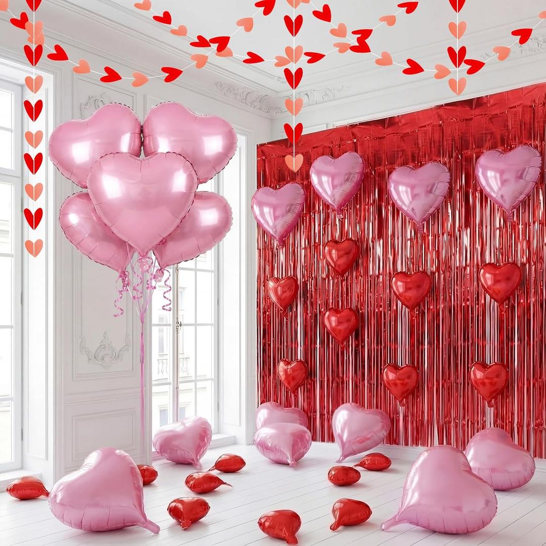 Ceenna 74 Pcs Valentines Decoration Set Red and Pink Heart Balloons Red Heart Garland and Streamers for Valentines Day Room Decorations Wall Window Romantic Decorations Special Night