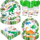 168PCS Watercolor Dinosaur Birthday Party Supplies Dinosaur Theme Birthday Party Decoration Includes Paper Plates Cups Napkins Knives Forks Spoons Tableware for Boys Girls Serves 24 Guests