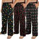 Wenouy 3 Pack Mens Christmas Pajama Pants Microfleece Plaid Pajama Bottoms Sleepwear PJ Sleep & Lounge Pants with Pockets & Drawstring XXX-Large, Black Xmas Lights, Black Elk, Black Candy Cane