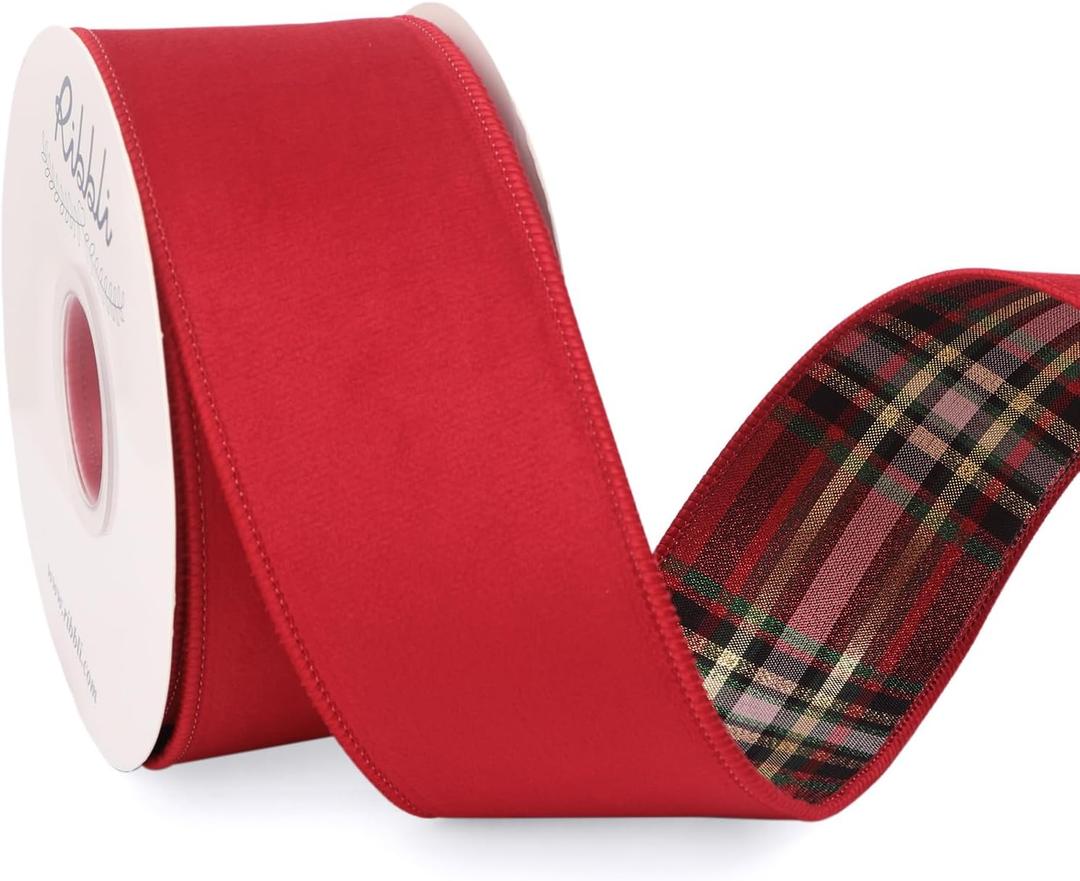 Ribbli Red Velvet Wired Ribbon with Metallic Plaid Reversible 2.5 Inch Christmas Ribbon for Gift Wrapping Christmas Tree Decoration Crafts Wreaths Supplies-Continuous 10 Yards