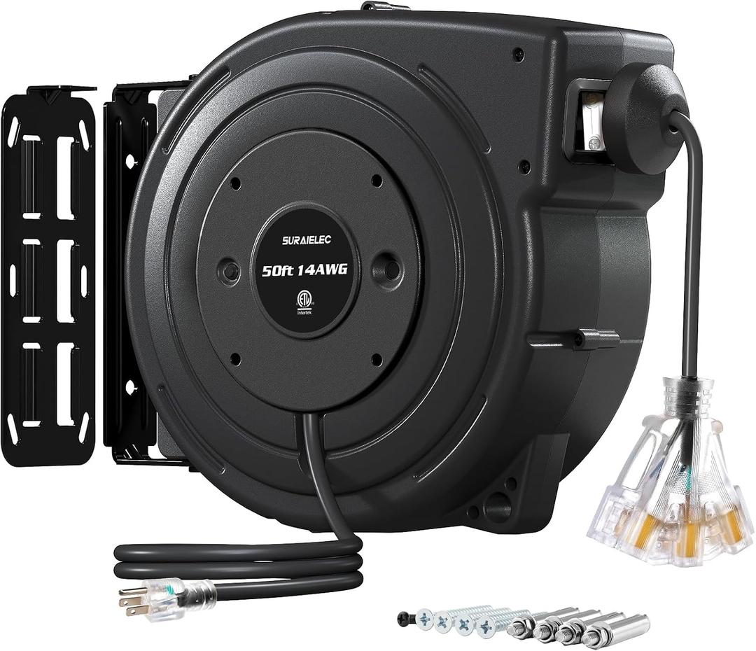 SURAIELEC 50FT Retractable Extension Cord Reel, 14AWG/3C SJTOW Heavy Duty Power Cord with Lighted Triple Tap, 13A Circuit Breaker, Ceiling/Wall Mount for Garage, Shop, Workshop, ETL Listed, Black