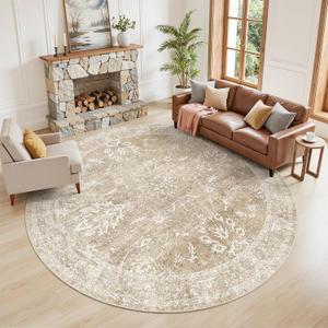 Madane Washable Round Rug 9ft for Living Room,Soft Neutral Rug Beige/Brown