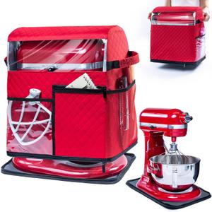 BAGSPRITE Stand Mixer Cover with Detachable Appliance Sliders Base Compatible with KitchenAid Mixer-Storage Bag for 4.5/5 Quart with Pockets for Kitchen Aid Accessories and Attachments (Red)