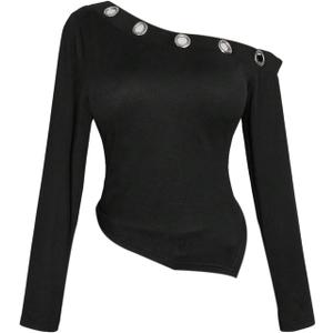 BEAUDRM Women's Plus Size Off Shoulder T Shirt Y2k Grommet Eyelet Long Sleeve Going Out Crop Tops (Black, L)