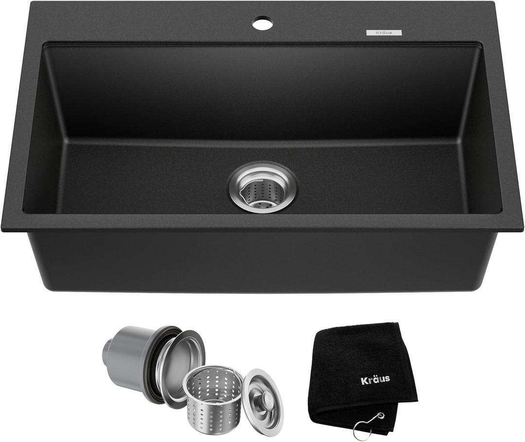 KRAUS Quarza 31-inch Drop-In/Undermount Single Bowl Granite Kitchen Sink in Black Onyx, KGD-412B