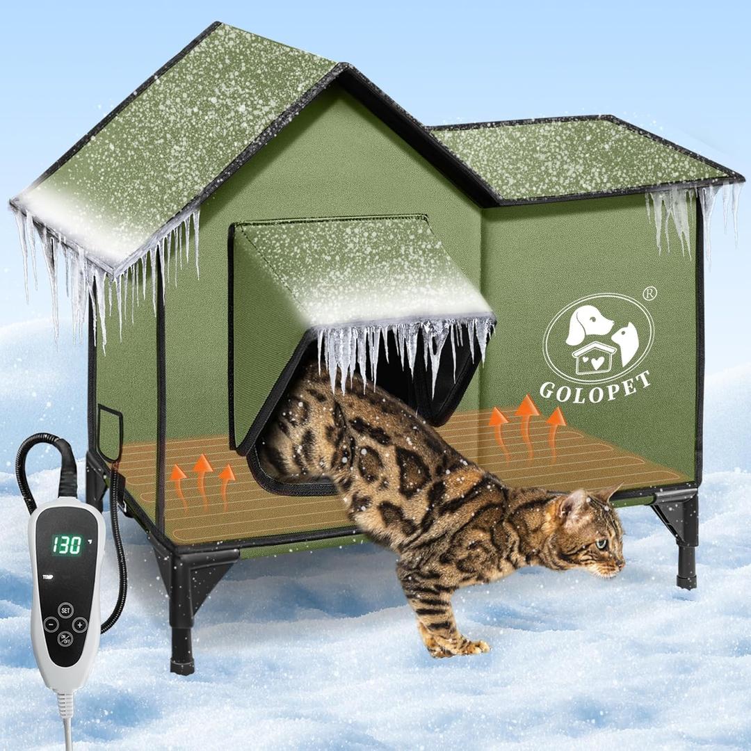 Medium Heated Cat House for Outside Winter,Inner Insulation Layer and 100% Waterproof,Built in MET and UL Dual Certified Heater,Intelligent Controller That Can Freely Set Temperature and Time (New Green)