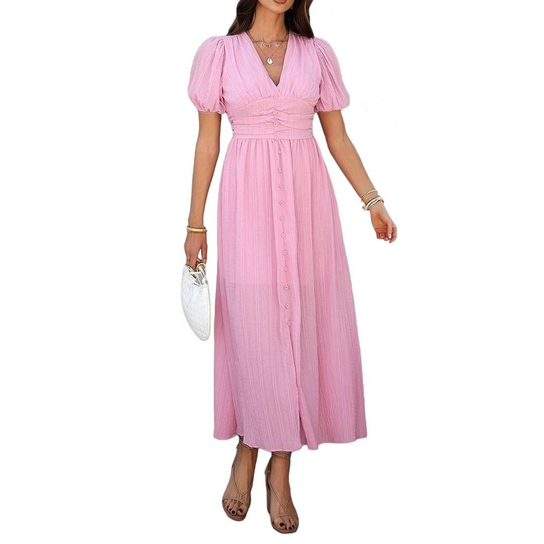 Women Summer Casual Midi Dress Puff Sleeve V Neck Ruched Button Front Split Boho Beach Vacation Wedding Dresses 2025 Pink, S