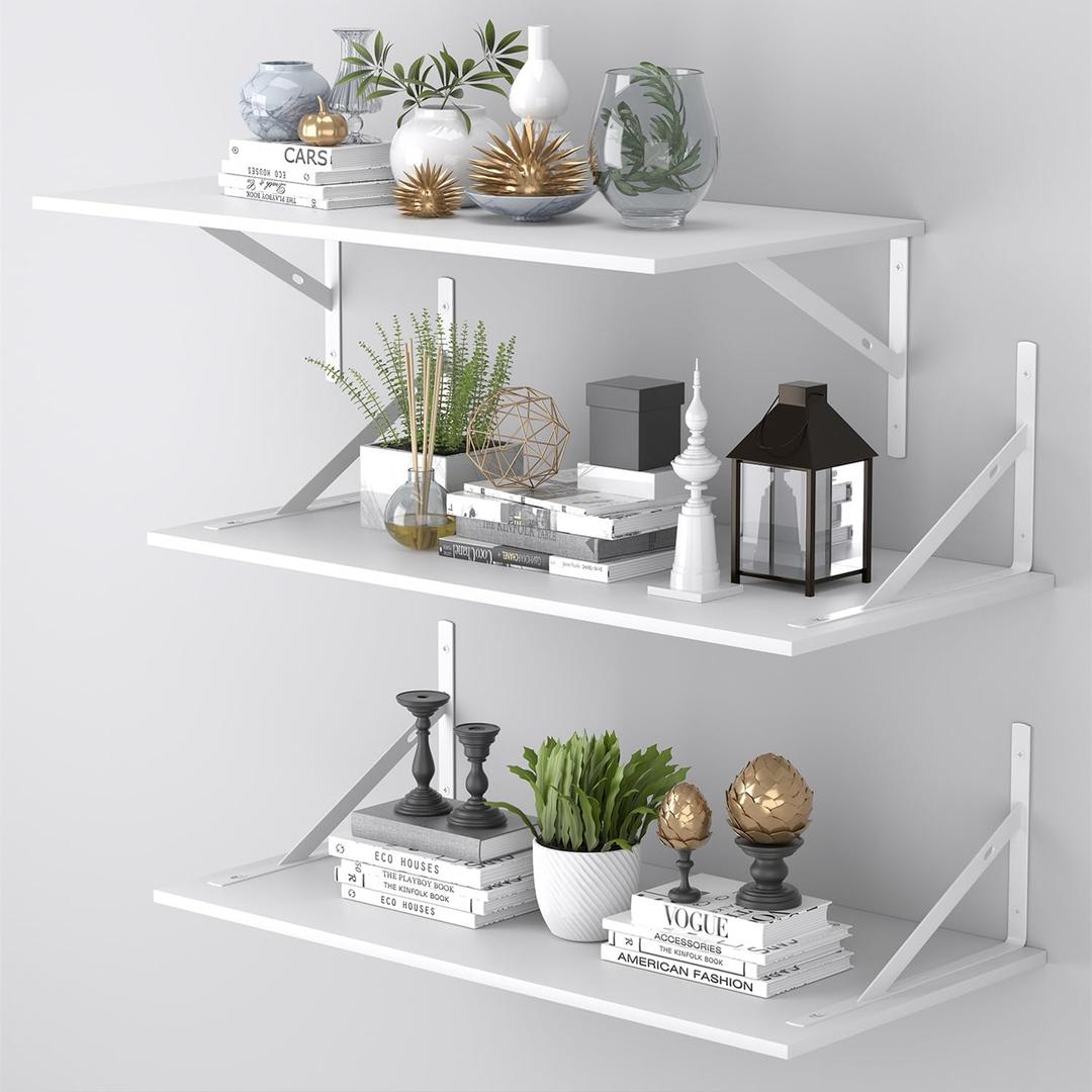 Deep Floating Shelves for Wall Set of 3, 24W x 12 Inch Deep White Floating Shelves, Wide Floating Wall Mounted Shelves for Living Room, Kitchen, Office, Bedroom, Bathroom, Laundry Room