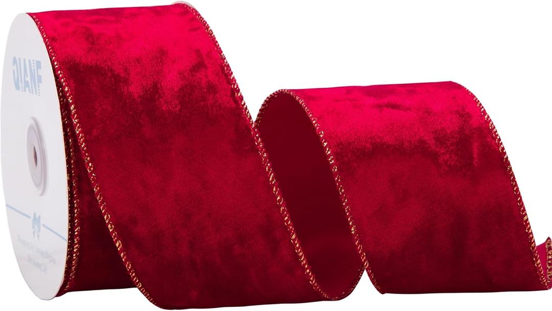 QIANF Red Velvet Wired Edge Ribbon, 2.5 Inch x 10 Yards Crushed Velvet Christmas Ribbon for Christmas Tree Decoration Gift Wrapping Garland Wreaths Bows Making