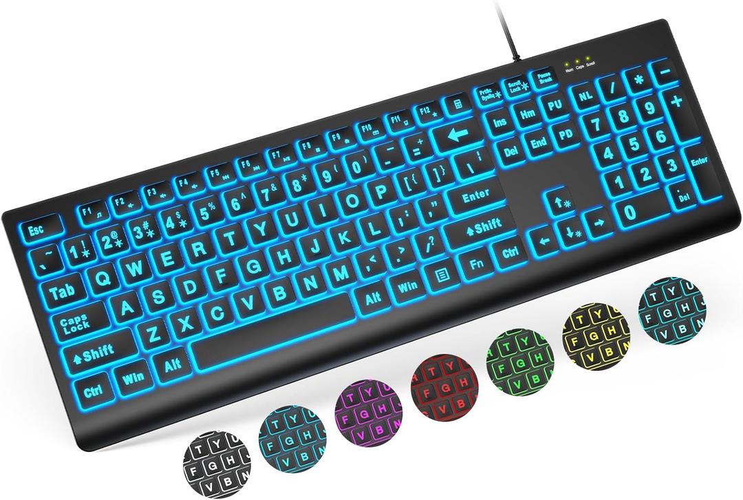 SABLUTE Large Print Backlit Keyboard, Wired USB Lighted Computer Keyboards with 7-Color & 4 Modes Backlit, Oversize Letters Keys Easy to See and Type, Keyboard Compatible for PC, Laptop (Black)