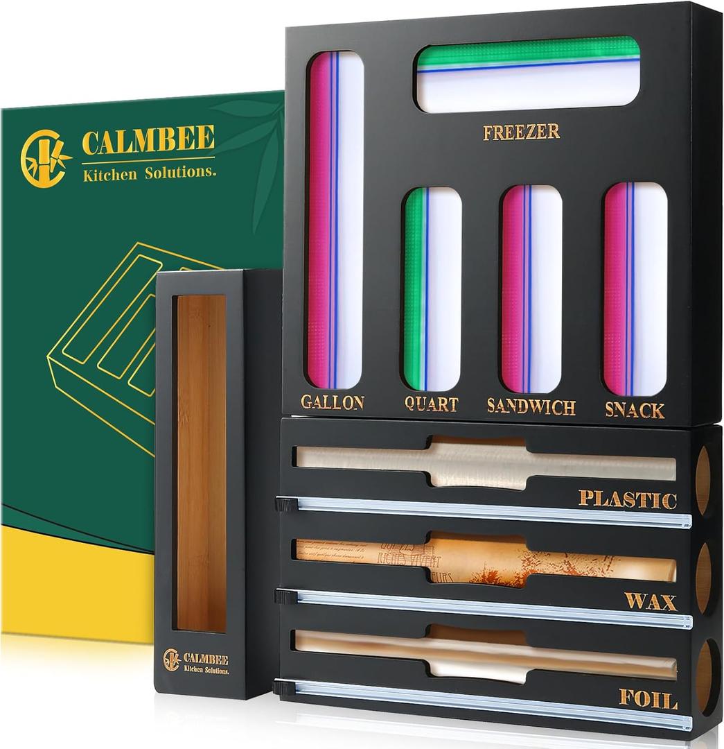 Calmbee 9 in 1 Bamboo Storage Bag Organizer for Kitchen Drawer Plastic Wrap Dispenser with Cutter & Foil Organizer, Wooden Baggie Organizer for Sandwich, Snack, Gallon, Quart Sizes, Black