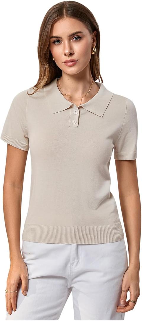 Verdusa Women's Old Money Button Down Collared Shirt Y2k Sweaters Elegant Knit Going Out Tops (Beige, XL)