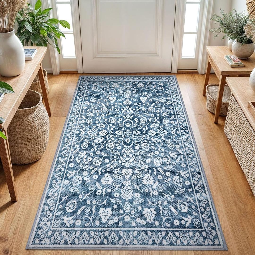 Vintage 3x5 Washable Rug for Entryway, Super Soft Blue and White Entryway Rug Non-Slip, Printed Faux Wool Floral 3x5 Area Rug Thin Floor Carpet for Kitchen, Bedroom, Office, Living Room