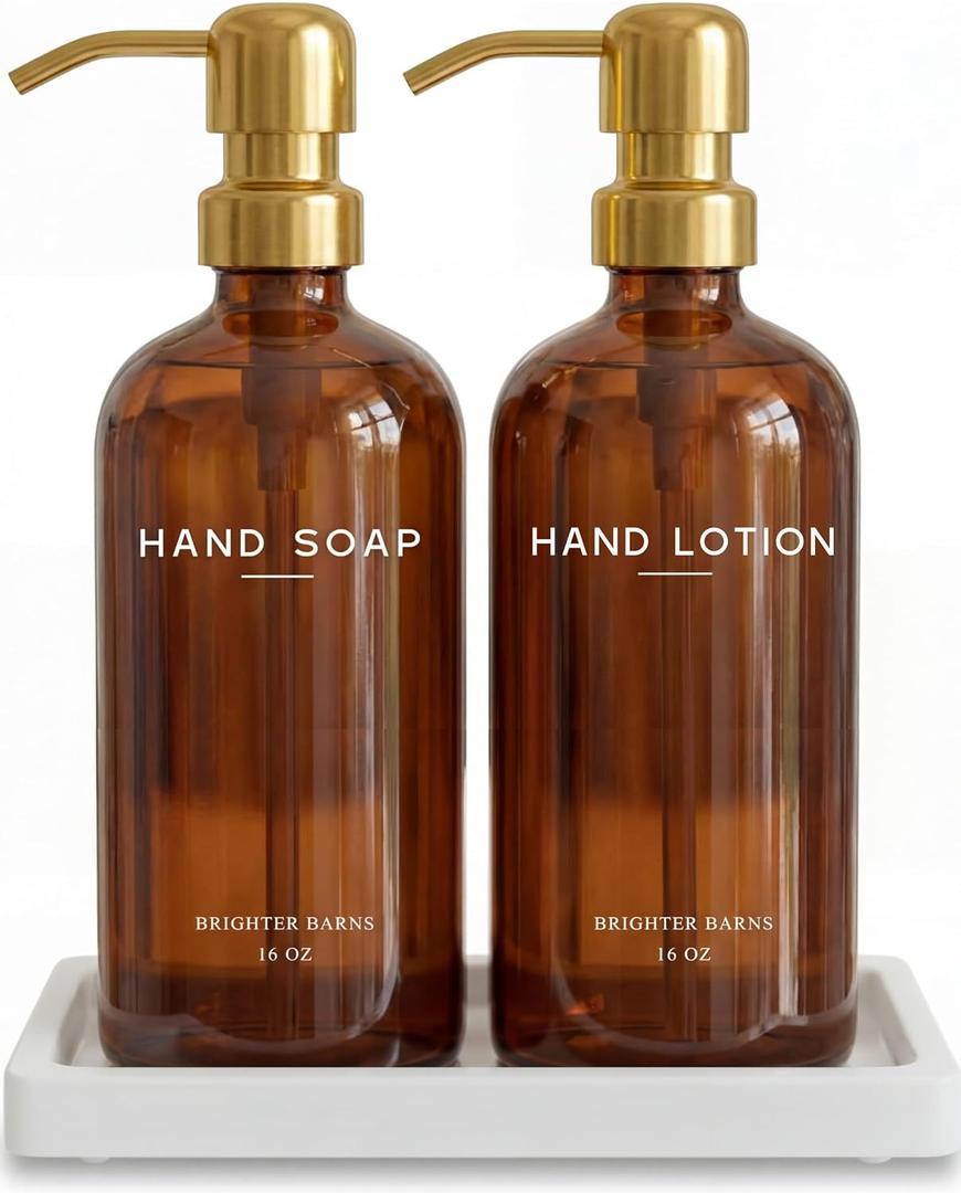 Luxury Glass Soap and Lotion Dispenser Set with Tray by Brighter Barns - Hand Soap Dispenser Bathroom Set w/Stainless Steel Pump - Gold Bathroom Decor for Guest House, Airbnb, Spa, Gift (Amber/Gold)