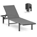 Aluminum Chaise Lounge Chair Outdoor with Wheels, Patio Lounge Chair with Adjustable 5-Position Recliner and Full Flat Tanning Chair for Patio, Beach, Pool, Grey
