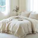 Beige Ruffle Comforter Set King, Pre-Washed Shabby Chic Bedding Set, Lightweight Cottagecore Soft Romantic Cozy 1 Comforter & 2 Shams, All-Season