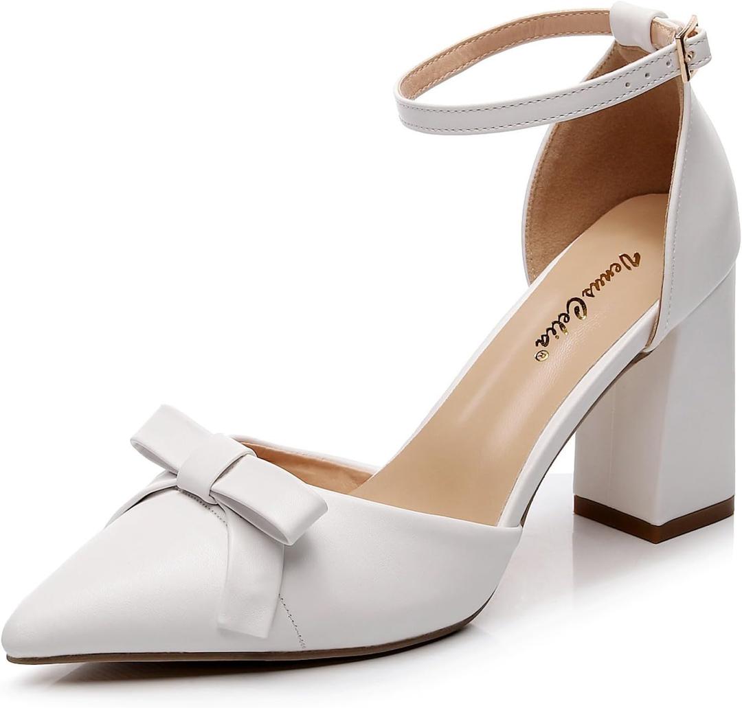 VenusCelia Women's Brightest Strap Pump Block Heel Shoe (9.5, White)