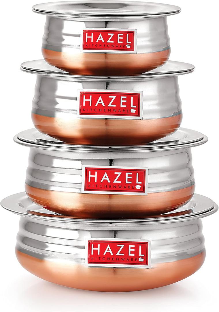 HAZEL Stainless Steel Copper Bottom Handi Set with Lids | Traditional Indian Cookware & Serveware | Set of 4 (0.8, 1.3, 1.7, 2.1 Quarts) | Durable Pots for Curry, Biryani & More HAZEL Stainless Steel Copper Bottom Handi Set with Lids | Traditional Indian Cookware & Serveware | Set of 4 (0.8, 1.3, 1.7, 2.1 Quarts) | Durable Pots for Curry, Biryani & More