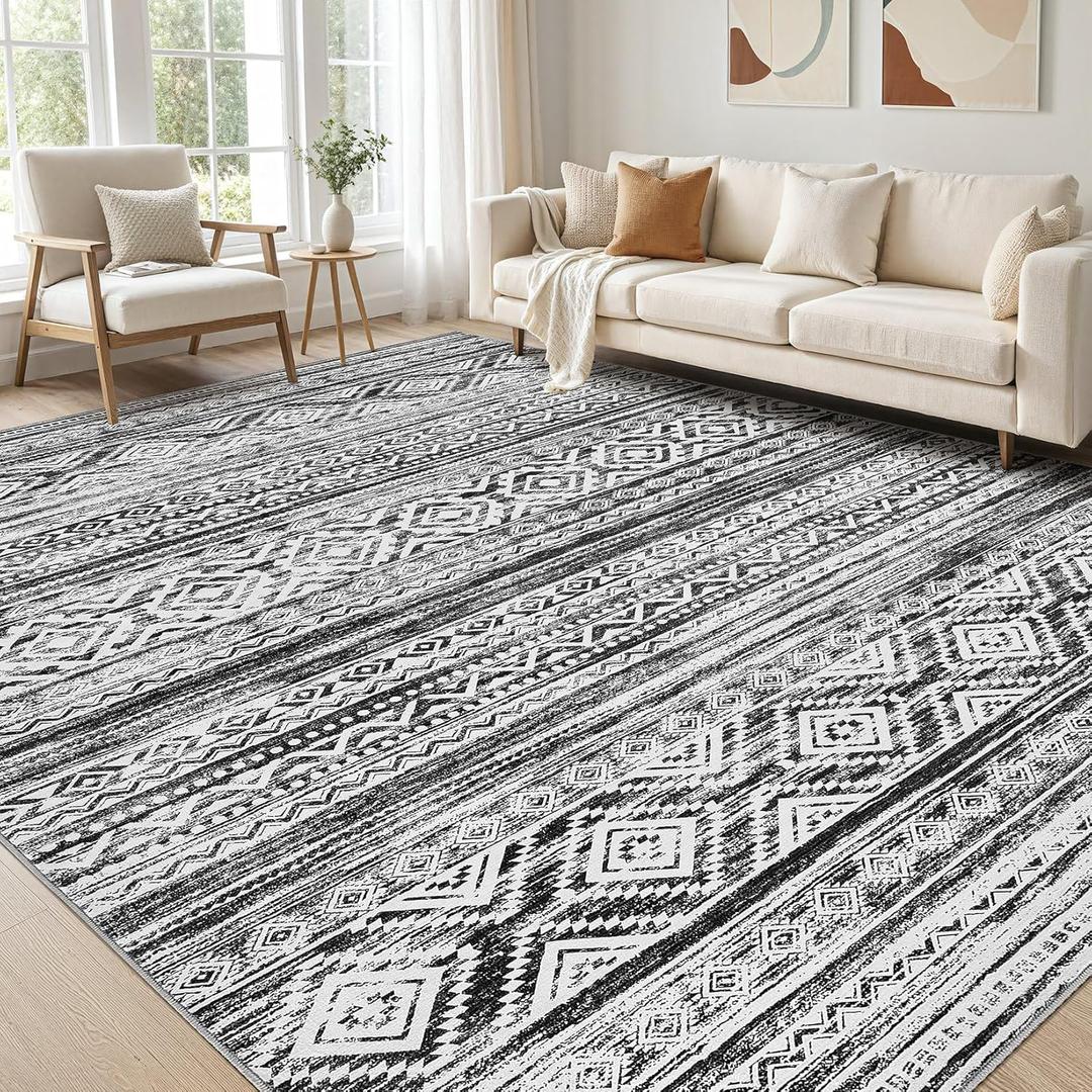 cotiled 6x8 Area Rug Living Room: Washable Boho Rugs with Non Slip Backing Large Soft Indoor Stain Resistant Carpet for Bedroom Farmhouse Dining Room Lightweight Home Decor White/Black