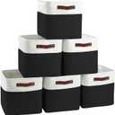 Cube Storage Baskets 6 Pack, 11x11 inch Foldable Cube Storage Bins with Leather Handles for Shelf Closet Nursery Toys (White/ Black)
