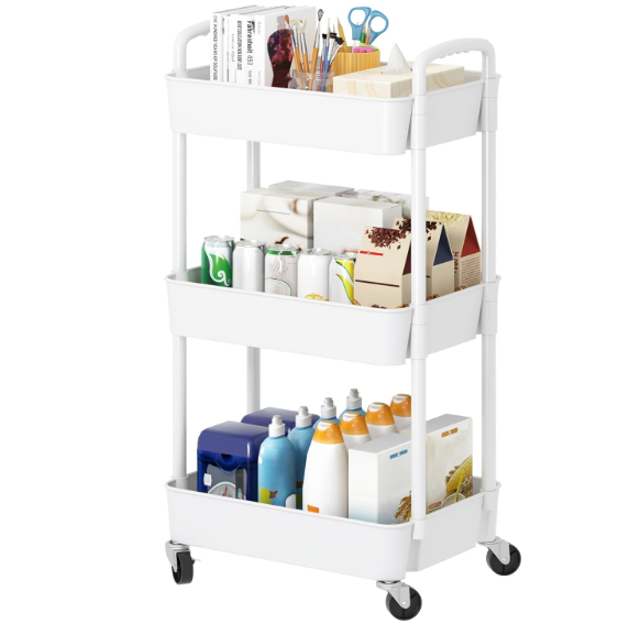 Laiensia 3Tier Rolling Cart with Wheels,Multifunction Utility Storage Carts, Kitchen Storage Organizer,Mobile Shelving Unit for Bathroom,Laundry,with Classified Stickers,White
