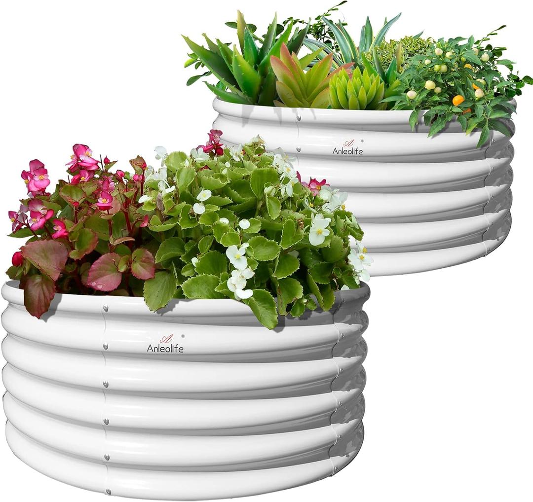 A ANLEOLIFE 2-Pack 4ft x 18 Tall Galvanized Raised Garden Beds Outdoor, Round Metal Planter Box for Planting Vegetables Flowers Herb, Anti-Rust & Easy-Setup, Antique White (41.5ft Tall)