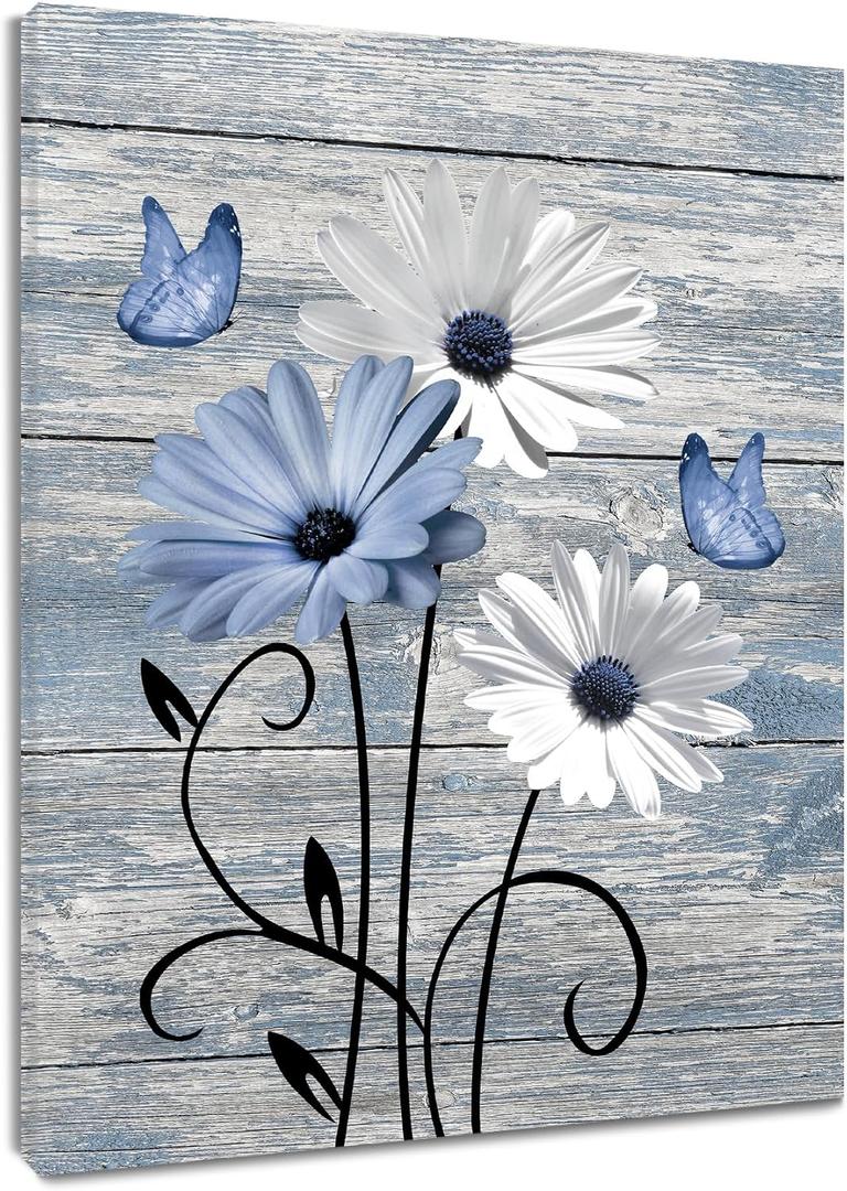MYUSRE Blue and White Flower Wall Art for Bathroom, Farmhouse Daisy with Butterfly on Retro Wooden Canvas Wall Art Country Wildflower Pictures for Bedroom Home Wall Decor, 20L X 16W inches