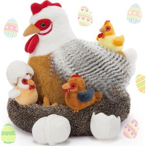BENINY 8Pcs Easter Chicken Stuffed Animal, Stuffed White Hen with Little Baby Chicks and Coop, Plush Toys for Kids, Hit of Christmas Farm Party, Small