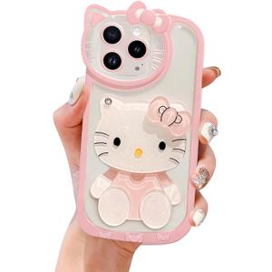Cute Kawaii Cartoon Phone Case for iPhone 11 Built-in Makeup Mirror for Women Girls, Soft Silicone Transparent Protective Phone Case for iPhone 11 6.1 Inch, Pink
