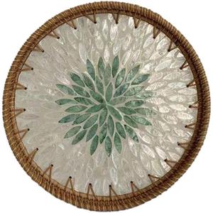 11.8'' Round Rattan Serving Tray with Mother of Pearl Inlay - Handmade Boho Style Ottoman Coffee Table Tray for Outdoor and Farmhouse Decor (Colourful)