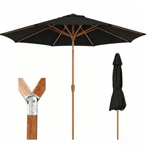 Patio Kingdom 9ft Outdoor Patio Umbrella, Market Table Umbrella with Crank and Easy Push Button Tilt, Wood Grain Frame, UPF 50+ for Pool, Garden, Deck, Backyard, Black