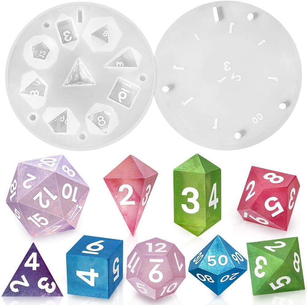 RESINWORLD Upgraded 9 Piece Polyhedral Dice Mold (New Font), 7 DND Dice Set Mold & Pendant Crystal D4 Mold Silicone