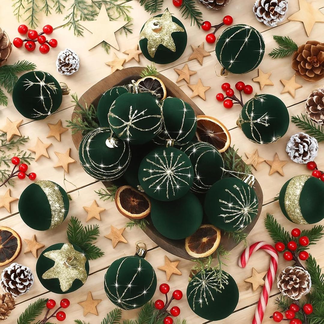 Namalu 24 Pcs Green Gold Velvet Glitter Christmas Ball Ornaments Bulk 2.36" Flocked Christmas Tree Ball Ornaments Set Shatterproof Xmas Bulbs Tree Decorations for Holiday Wedding Party Decor