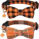 ADOGGYGO 2 Pack Fall Dog Collars with Bow, Halloween Thanksgiving Pumpkin Maple Charm, Orange Plaid Fall Collars for Medium Dogs (Medium)