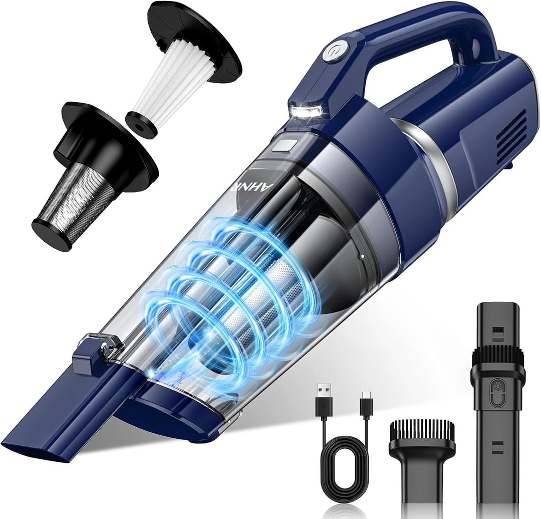 AHNR Handheld Vacuum Cordless, 16000PA Powerful Suction Hand Held Vacuum Dust Busters Cordless Rechargeable with LED Light & 2 HEPA Filters, Portable Car Vacuum Cleaner High Power for Car Home Office (Dark Blue/Silver)