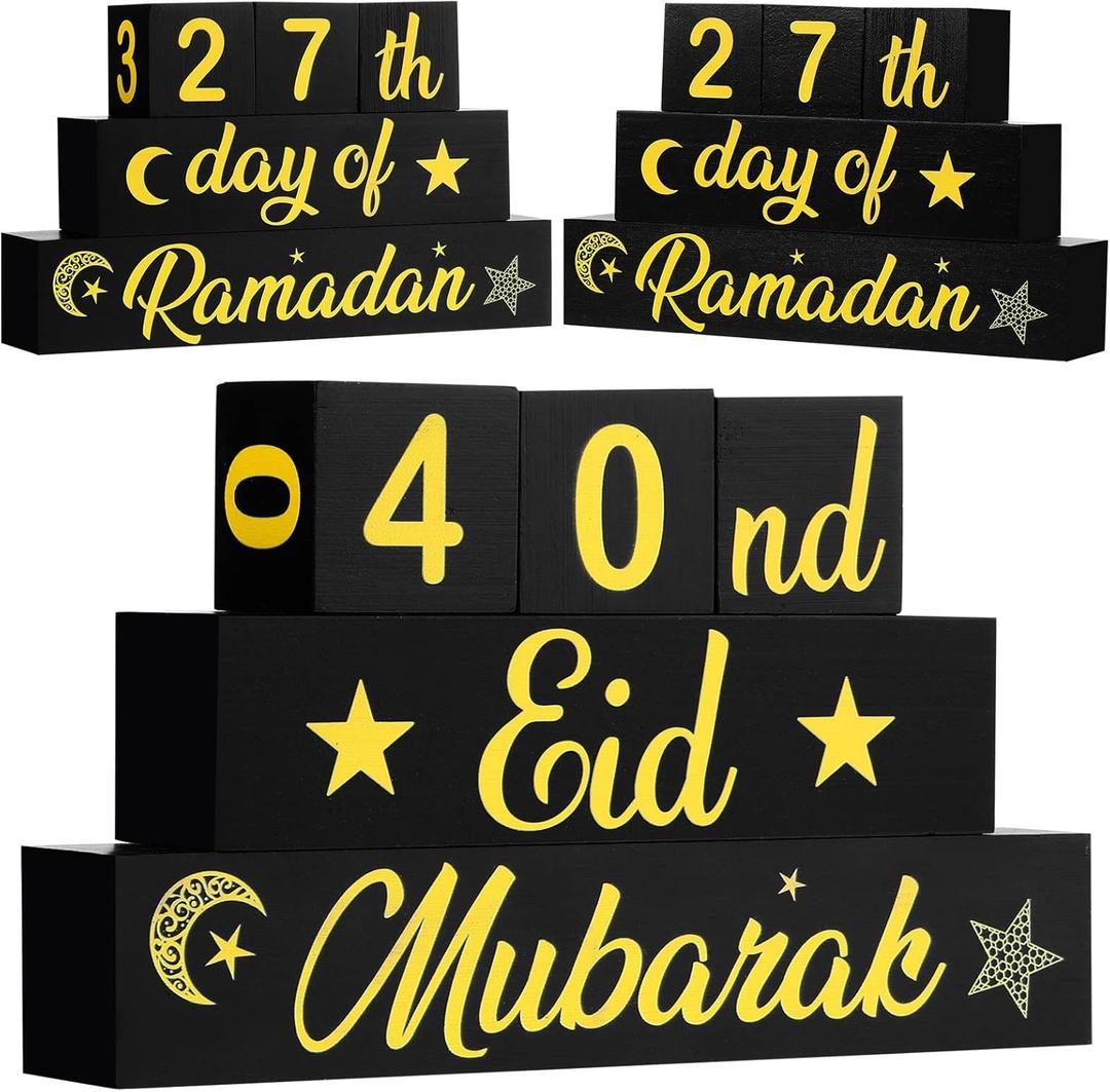 Chunful 5 Pcs Ramadan Calendar Block Set - Ramadan Advent Countdown Eid Calendar Countdown Blocks Wood Sign Mubarak Wooden Tabletop Ornament for Home Table Decor Islamic Months(Black and Gold)
