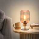 Mid Century Glass Table Lamp,Dimmable Desk Lamp,LED Bulb Included,Timer Build-in,Cognac Amber Ribbed Glass