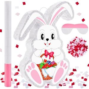 Lewtemi Easter Bunny Piñata White Cute Rabbit Piñata with Large Ears Cartoon Bunny Rabbit Piñata with Stick Blindfold Confetti for Birthday Easter Party Games Activities Supplies